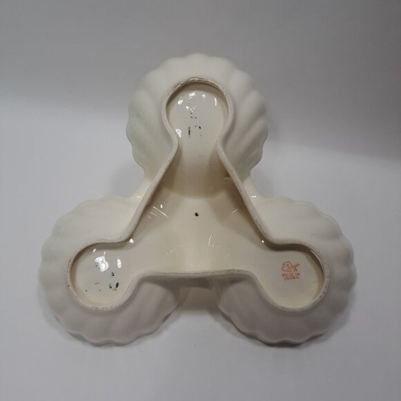 Porcelain 3 Compartment Floral Nut Dish Gold Trim Scalloped Edge Japan Vintage - Picture 12 of 14